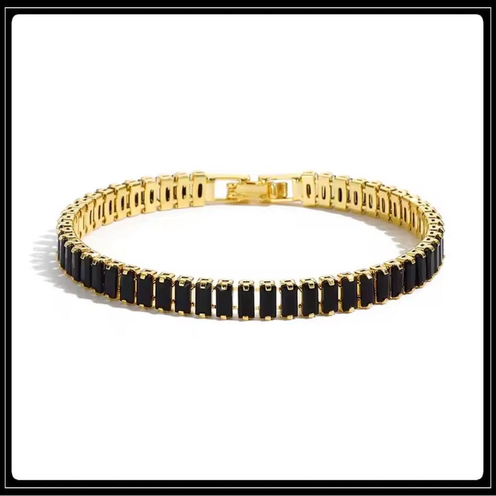 NEW 14K GOLD SQUARE CUT BAGUETTE PAVE SIMULATED ONYX STONE TENNIS BRACELET - Picture 5 of 6